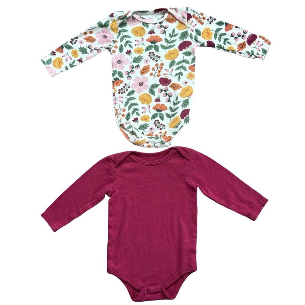 Hudson Baby Girls Long Sleeve Floral & Solid Cotton Onesie Bodysuits. 6-9 Months
